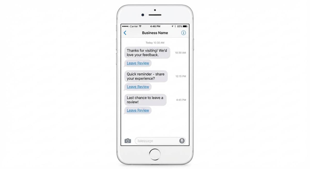 SMS review reminder sequence showing multiple follow-up messages